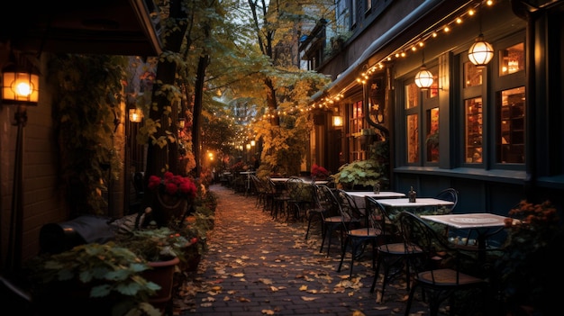 Cobblestone street adorned with tables and chairs for outdoor dining