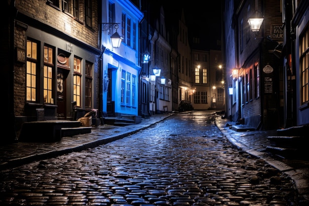 a cobblestone street at night