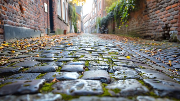 Photo cobblestone street in a small town the street is lined with old brick buildings and the pavement is covered in moss and fallen leaves