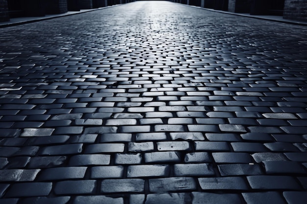 A cobblestone street with a blue light at the top