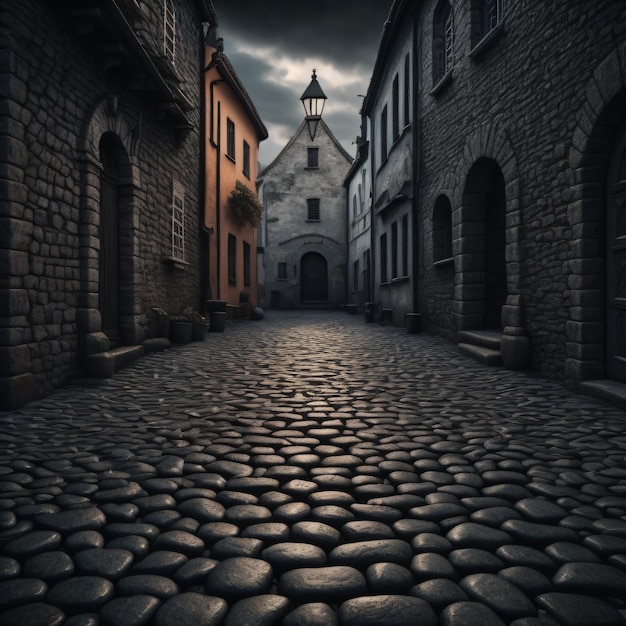 Photo a cobblestone street with a church in the background.