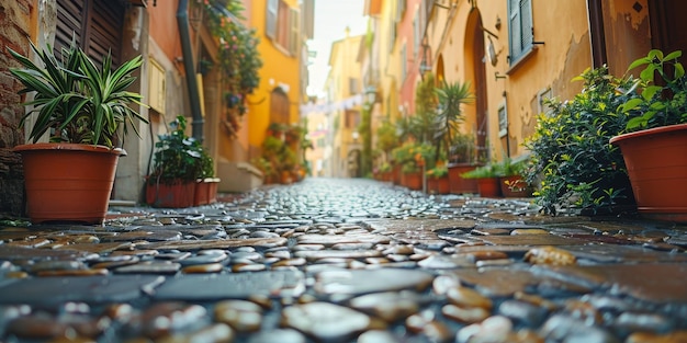 Foto strada di ciottoli con piante in vaso ai generativa