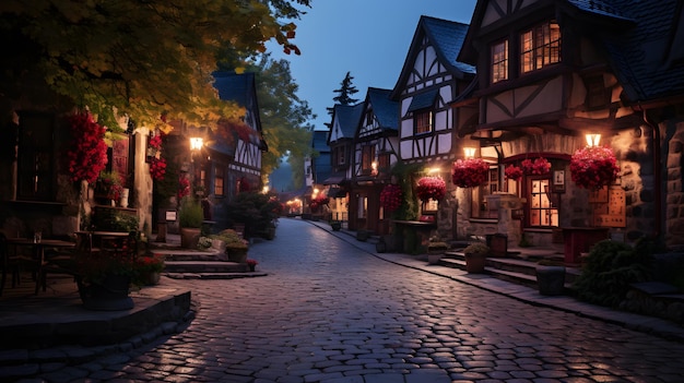 cobblestone street with a row of houses and flowers in the evening Generative AI