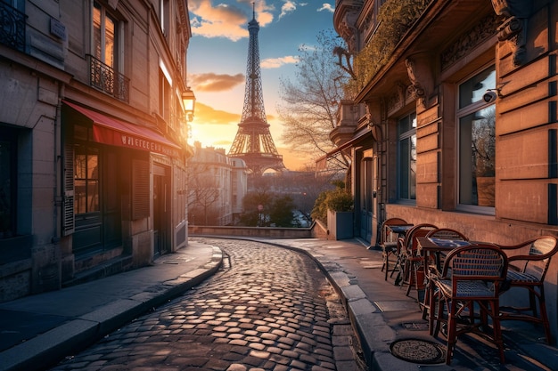 Photo cobblestone street with tables and chairs in front of the eiffel a charming cobblestone street in paris with the eiffel tower in the background ai generated