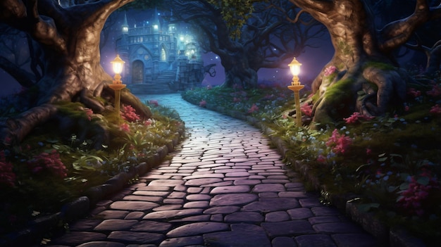 Cobblestones path way in enchanted forestStone