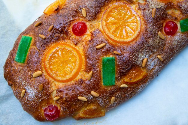 Coca de sant joan. Traditional San Juan cake to celebrate the arrival of summer in Spain made with b