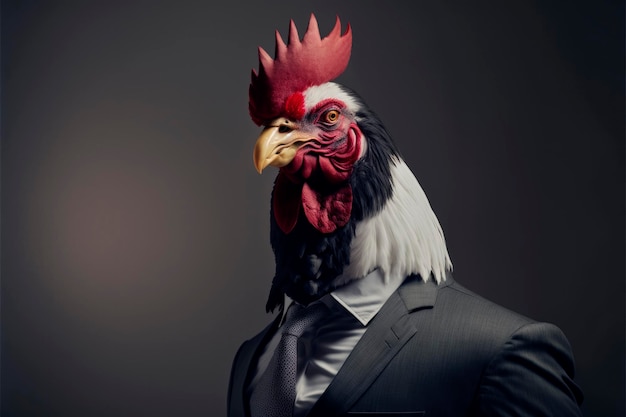 Cockadoodle Executive A dapper rooster struts his stuff suited up in a dark studio Generative Ai