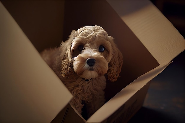 Photo cockapoo in a cardboard boxgenerative ai