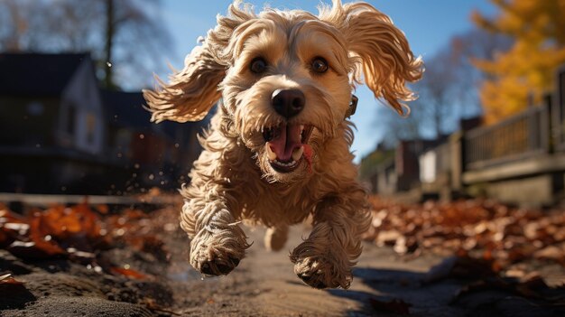 Cockapoo steigerend in de tuin