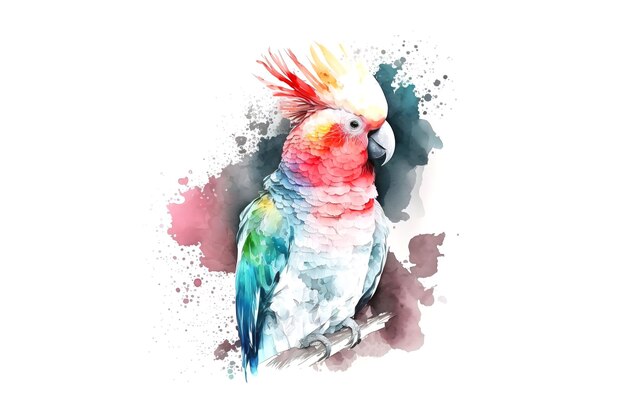 Попугай-какаду, нарисованный разноцветными акварельными красками на белом фоне Сгенерировано AI