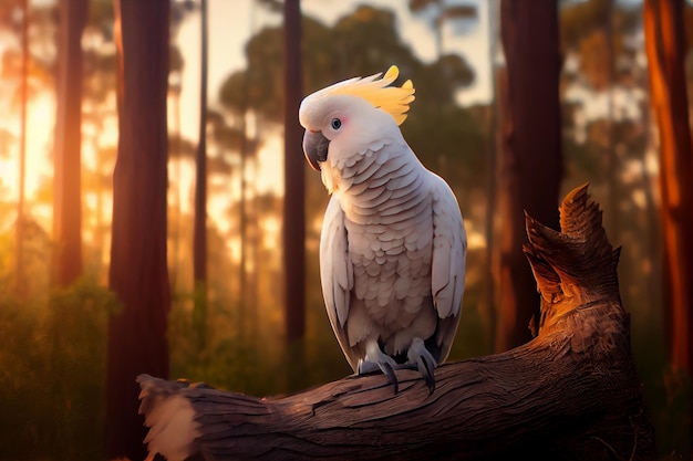 A cockatoo sits on a branch in the forest