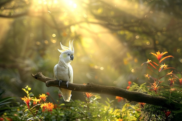 A cockatoo sits on a branch in a jungle