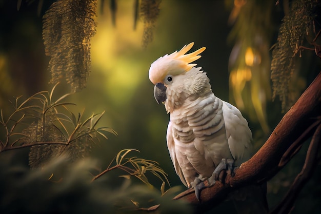 A cockatoo sits on a branch in a jungle