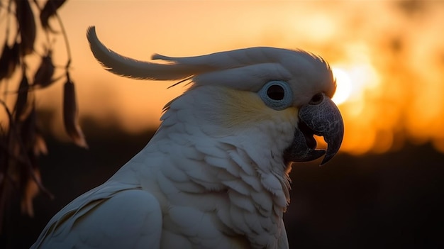 A cockatoo sits in front of a sunset