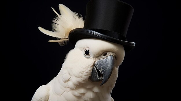 Photo a cockatoo with tiny top hat and bow tie background