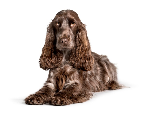 Cocker looking at camera against white background