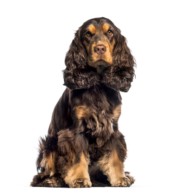 Cocker spaniel, 16 mesi, seduto di fronte a uno sfondo bianco