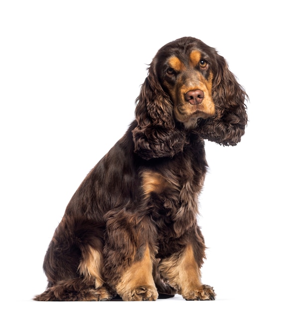 Cocker spaniel, 16 mesi, seduto di fronte a uno sfondo bianco