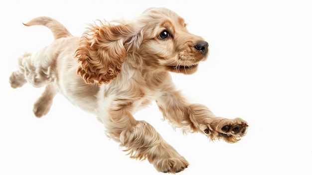 Cocker Spaniel dog jumping isolated on white background Studio shot