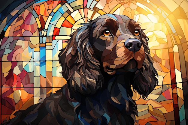 Cocker spaniel dog in stained glass style painting illustration generative ai