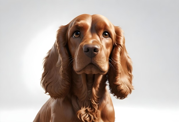 Cocker Spaniel hond met lange oren en zielige ogen tegen een lichtgrijze achtergrond