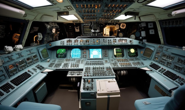 The cockpit of an airplane with multiple monitors