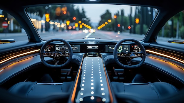 Photo cockpit of an autonomous vehicle hud head up display and digital speedometer