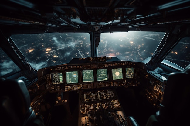 Photo a cockpit of a boeing 747 with the lights on.