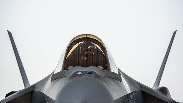 The cockpit of a f - 35 jet with the number 2 on the nose.