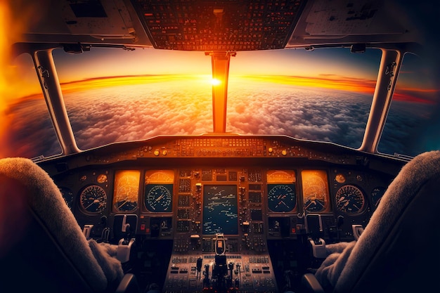 Cockpit of passenger airplane in flight against backdrop of sunset sky