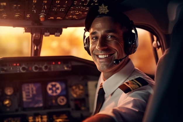 Photo the cockpit of a plane with a happy man pilot with generative ai