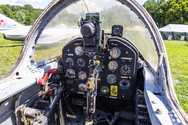 Photo the cockpit of polish jet trainer pzl ts11 iskra also called spark. ketrzyn, poland