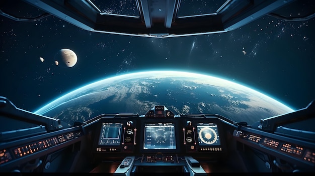 Cockpit of spaceship with moon and planets Outerspace astronaut mothership Planet horizon