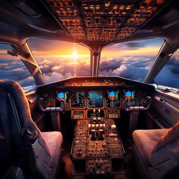 Cockpit van een vliegtuig dat boven de wolken vliegt bij zonsopgang 3D-weergave