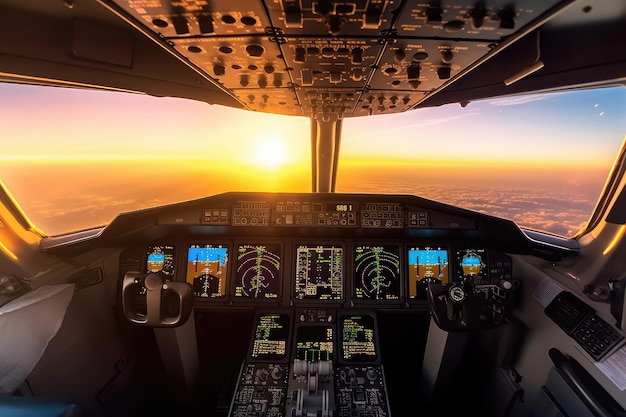 Вид в кабине пилота современного самолета во время полета во время солнца, сгенерированного искусственным интеллектом