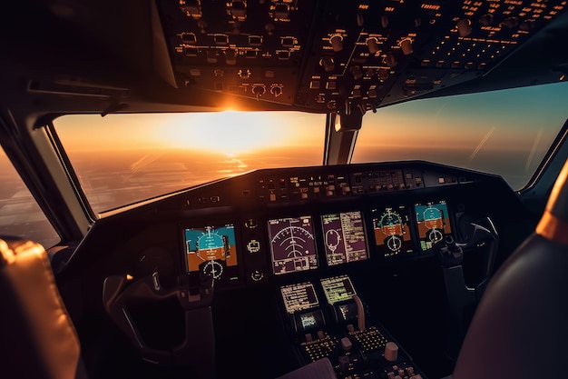 Cockpit view of modern airplane in flight during the sun AI generated