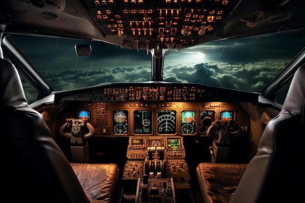 Вид на кабину пилота с облаками и лунным светом ночью