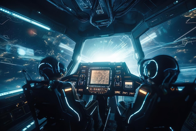 A cockpit with a light display in the background