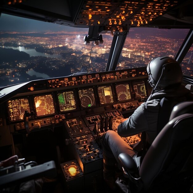 cockpitbeeld van het cabinepersoneel's nachts in de stijl van fotorealistische landschappen stedelijke energie
