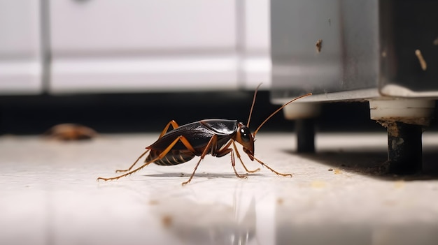 A cockroach is on the floor in front of a microwave.