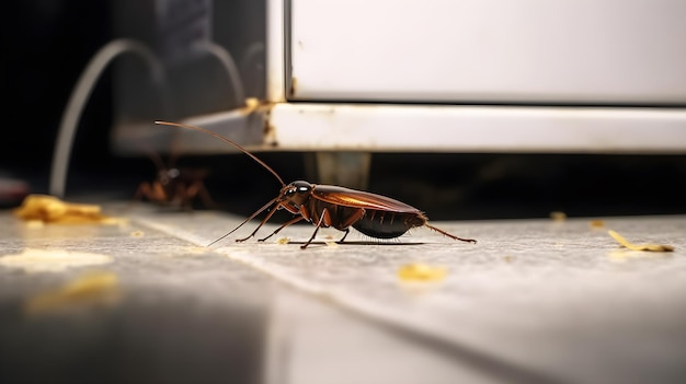 A cockroach is on the floor next to a stove.