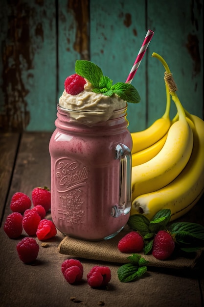 Cocktail of banana and fresh raspberries with yogurt