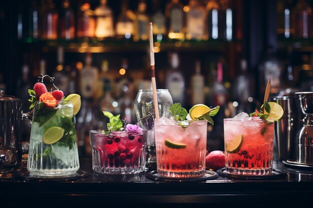 Cocktail bar area with a variety of specialty cocktails and garnishes