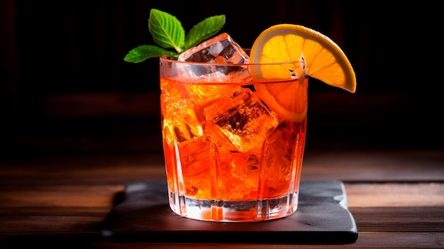 cocktail on a bar counter with a slice of lemon