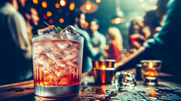 cocktail in a bar setting with selective focus on the icy drink and the glass