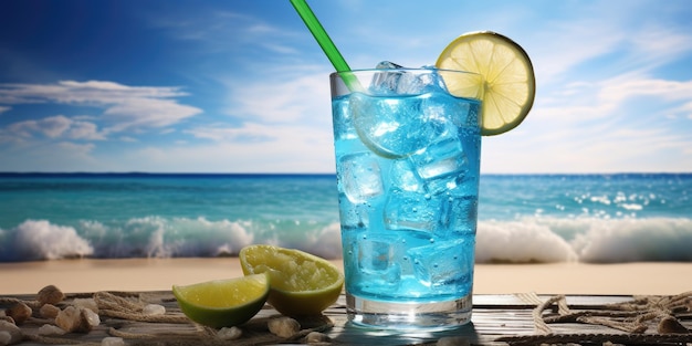 Cocktail on the beach Blue lagoon with ice High quality photo Generative AI