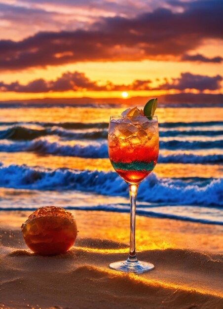 Коктейль на пляже при закате красочный летний фон