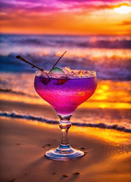 Cocktail on the beach at sunset Colorful summer background ai generative