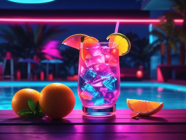 Photo cocktail by the pool in neon lights generated by ai