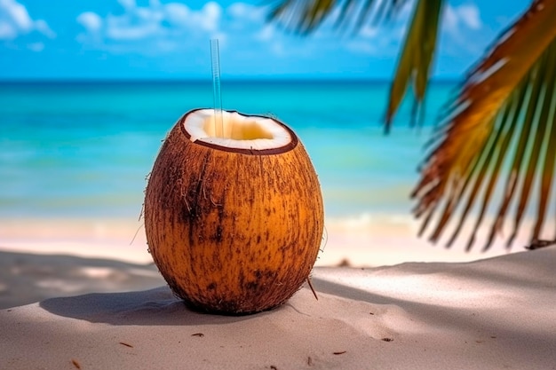 A cocktail in a coconut on the ocean shore